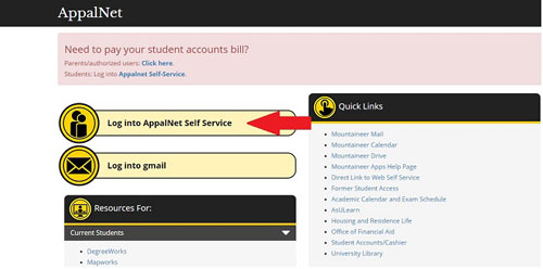 Log into Appalnet and select the Self Service tab graphic