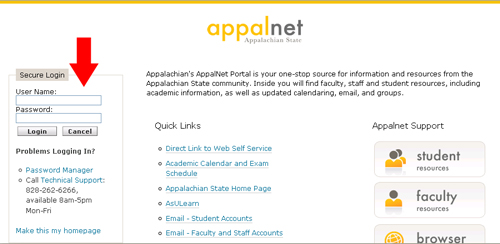 AppalNet login screen